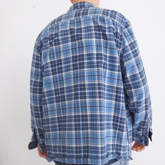Vintage '90S L.L. Bean Blue Plaid Fleece Lined Button Up Outdoor Shacket L-Reg - Picture 2 of 10